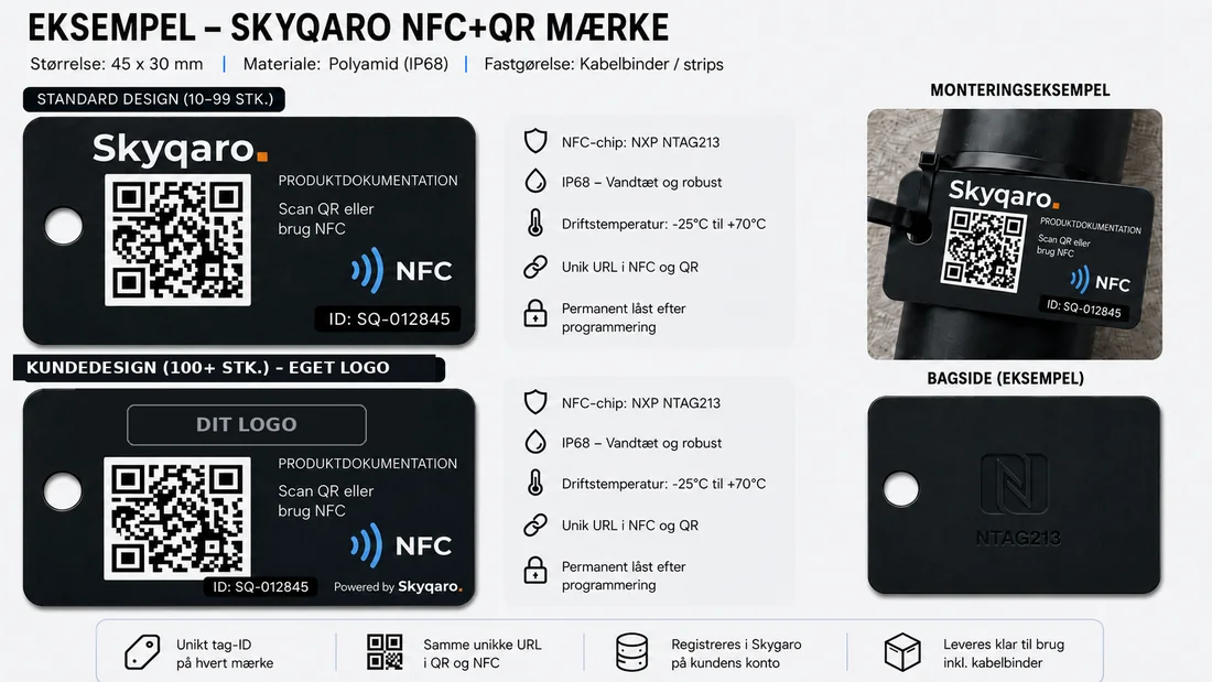 Skyqaro NFC- og QR-produktmærker med unik QR-kode, NFC og mulighed for kundelogo
